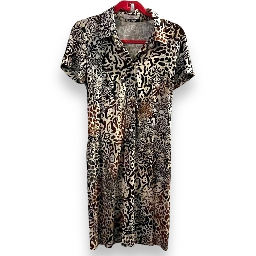 Leggiadro Shirt Dress Short Sleeve Stretch Jersey Knit Animal Print Preppy SZ 8